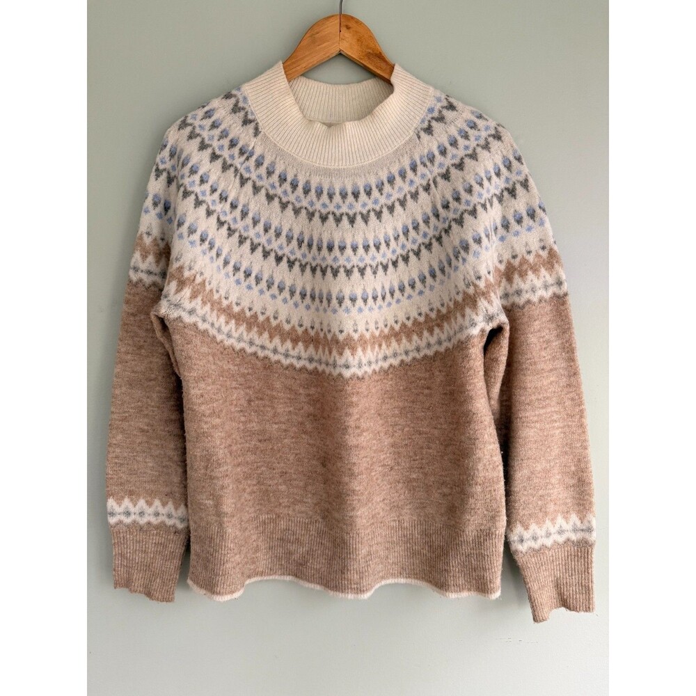 Fat Face Fairisle Jumper Womens US 12 Tan Blue Nordic Crew Neck Sweater Large